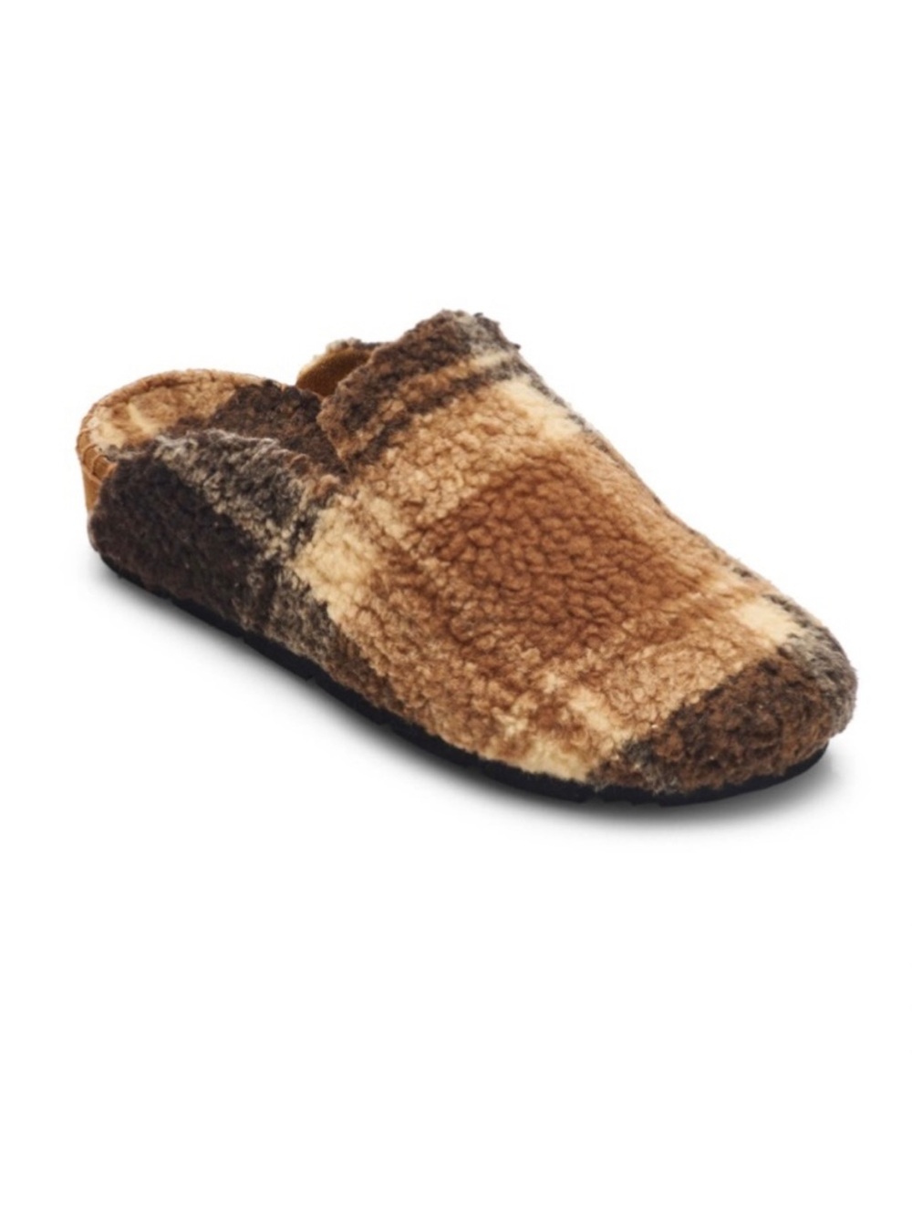 Free People Plaid Sherpa Mule Slippers - Brown & Beige